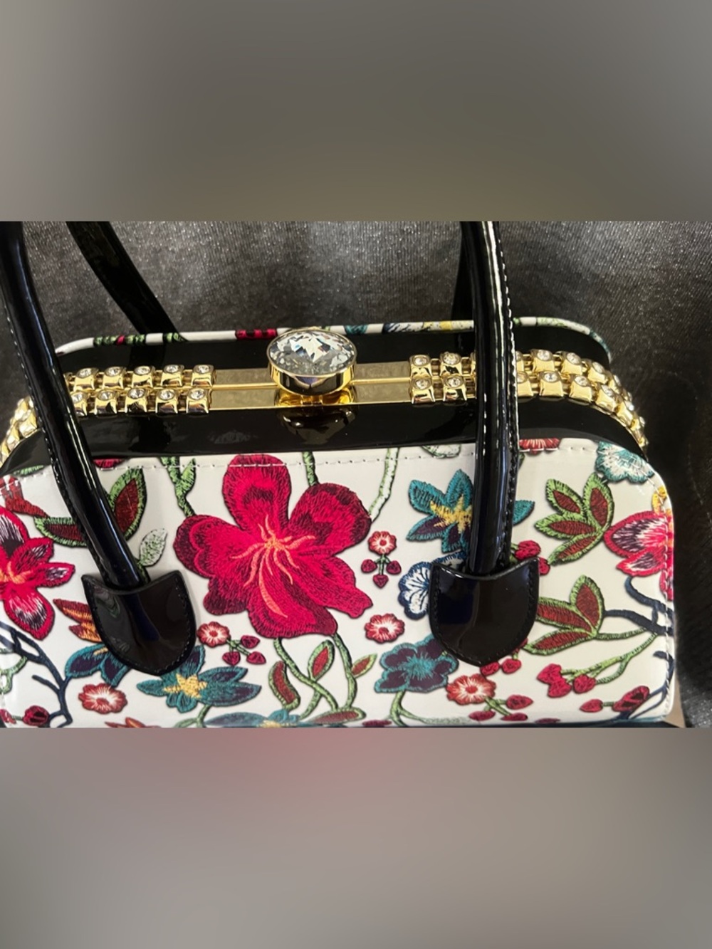 Floral Shiny Patent Dome Handbag in Multicolor with Diamond Clasp & Border - Picture 6 of 8